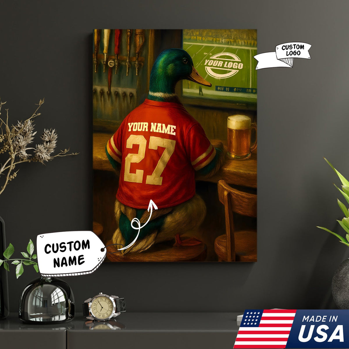 Custom Mallart Duck Football Canvas Wall Art – Personalized Duck Watching Sports Drinking Funny Sports Bar Decor