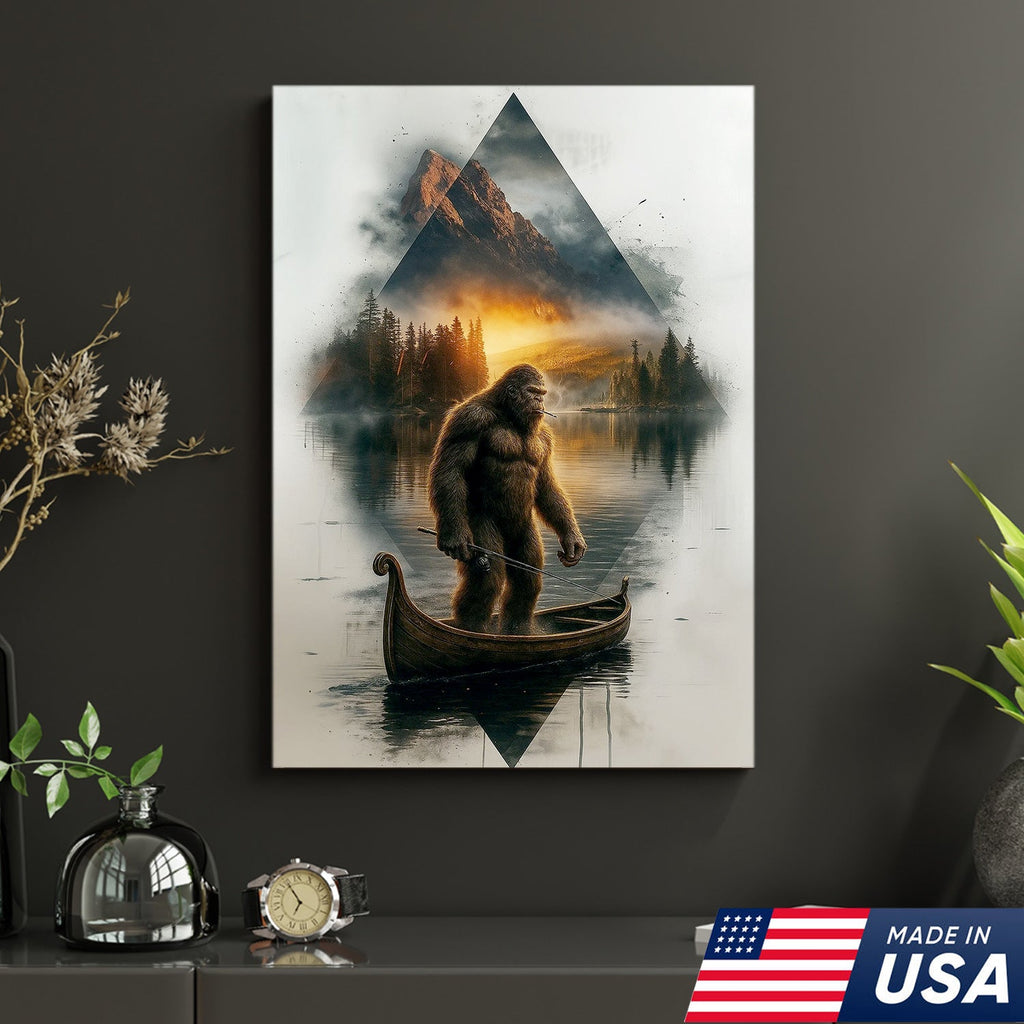 Bigfoot Fishing On Wooden Boat Adventure Canvas Wall Art – Mysterious Forest Lake Decor