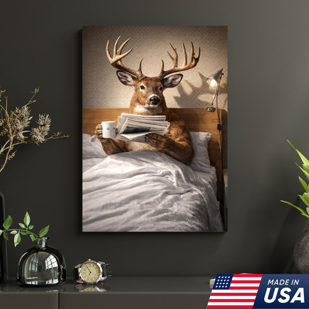 Funny Deer Canvas Wall Art Morning Coffee Newspaper Animal Humor Decor