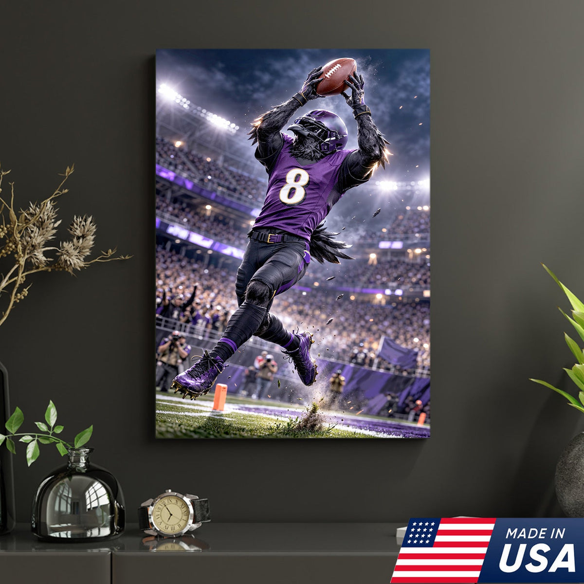 Raven Football Player Canvas Wall Art – Purple Stadium Touchdown Action Print