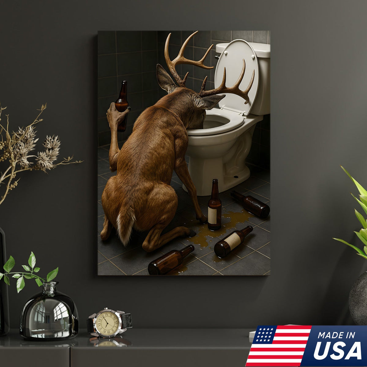 Funny Drunk Deer Canvas Wall Art, Hilarious Buck Bathroom Decor