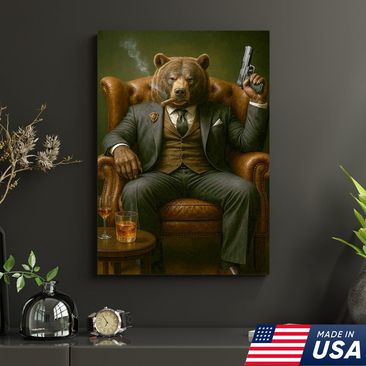 Boss Bear in Tailored Suit Canvas Wall Art, Powerful Gentleman Animal Portrait
