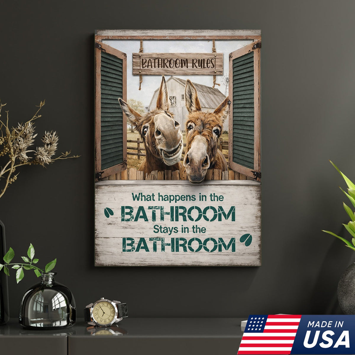 Funny Donkey Bathroom Sign, Rustic Farmhouse Bathroom Wall Decor