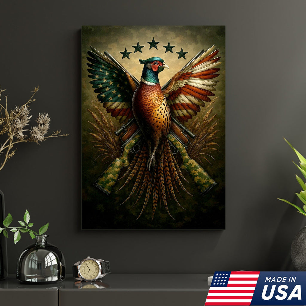 American Flag Pheasant Canvas Wall Art, Patriotic Hunting Decor for Men, Rustic Cabin Artwork
