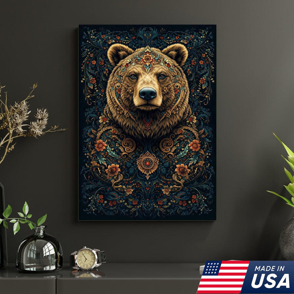 Ornate Floral Bear Canvas Wall Art, Majestic Bear Portrait with Decorative Pattern