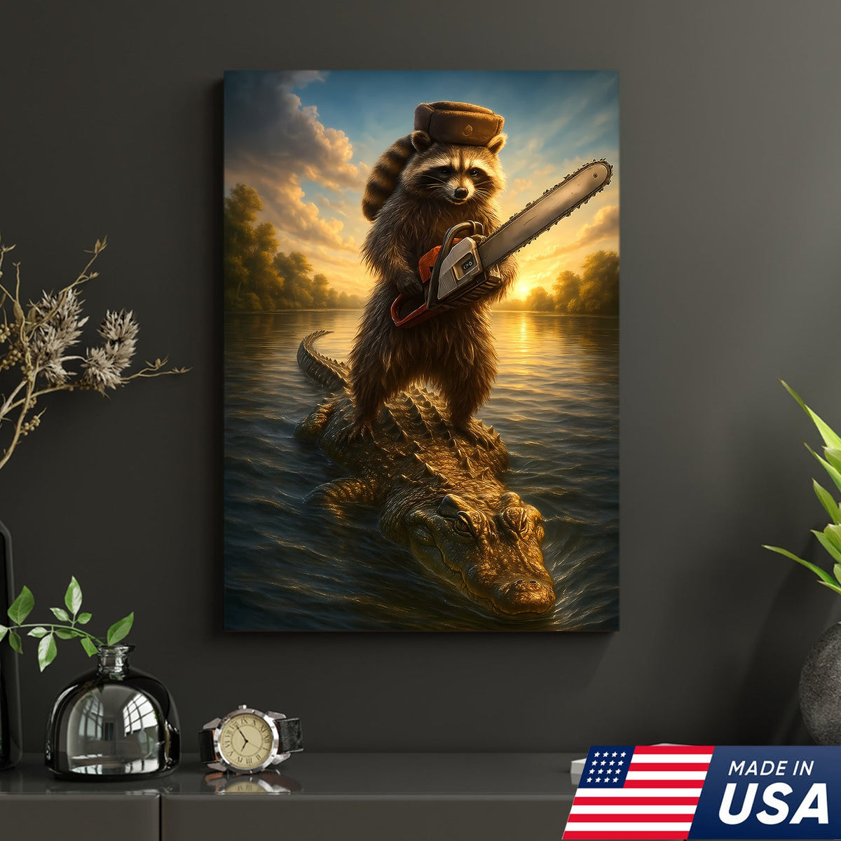 Badass Raccoon Riding Alligator Canvas – Funny Gift for Men, Hunters & Animal Lovers