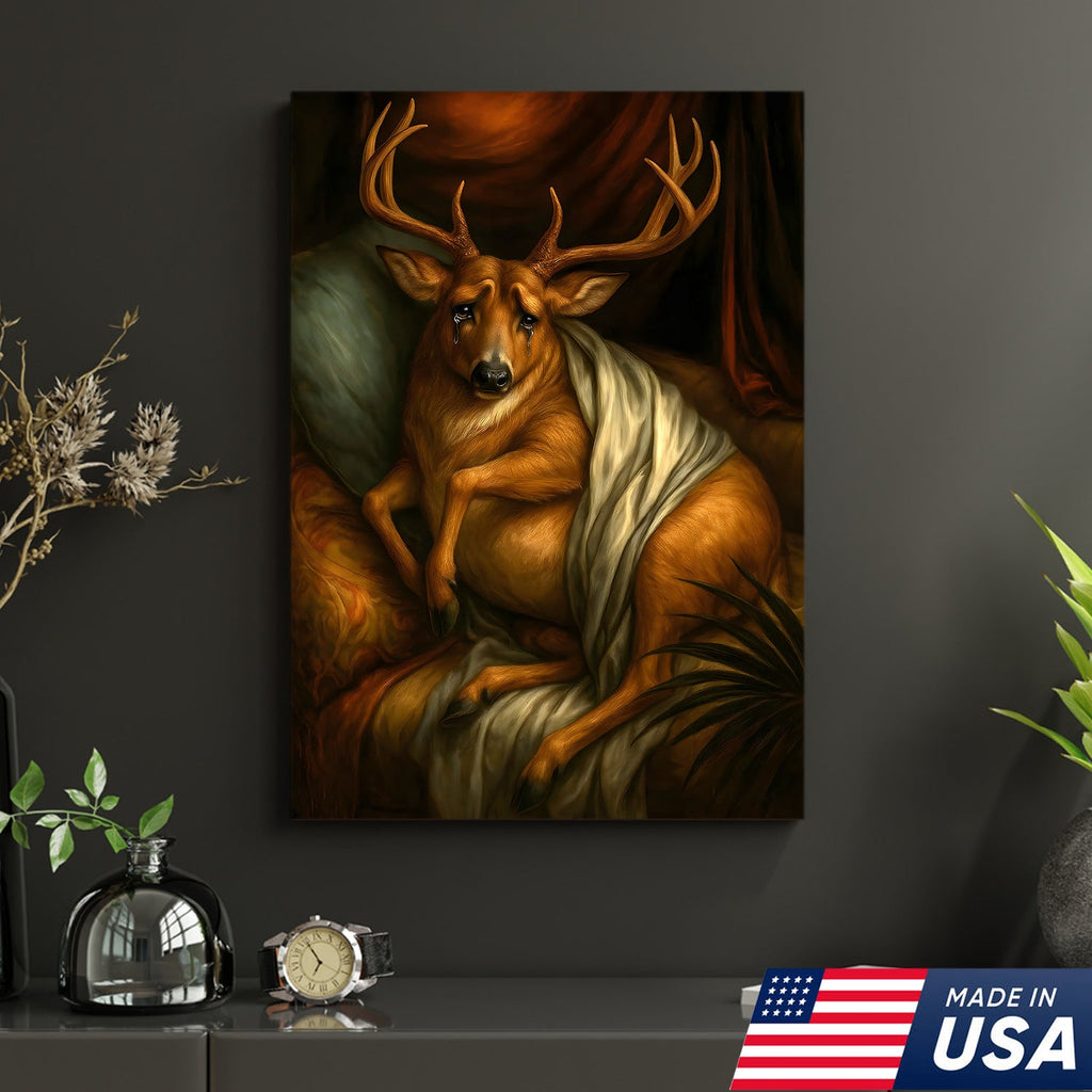 Funny Deer Portrait Canvas Wall Art, Renaissance Buck Painting with Draped Cloth
