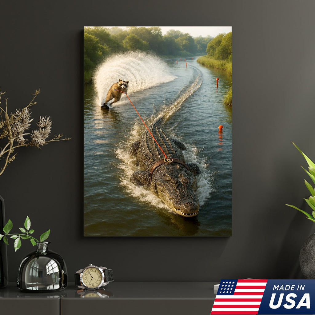 Racoon Water Skiing with Alligator Canvas Wall Art, Funny Animal Adventure Decor