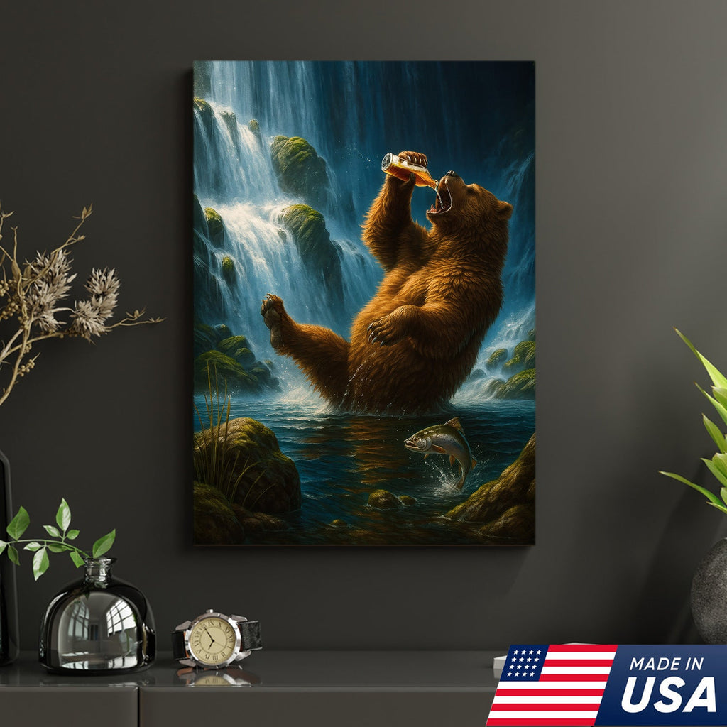 Funny Beer Bear Canvas Wall Art – Perfect Gift for Beer Lovers, Hunters & Outdoor Adventurers