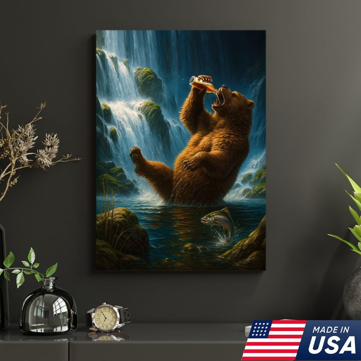 Funny Beer Bear Canvas Wall Art – Perfect Gift for Beer Lovers, Hunters & Outdoor Adventurers