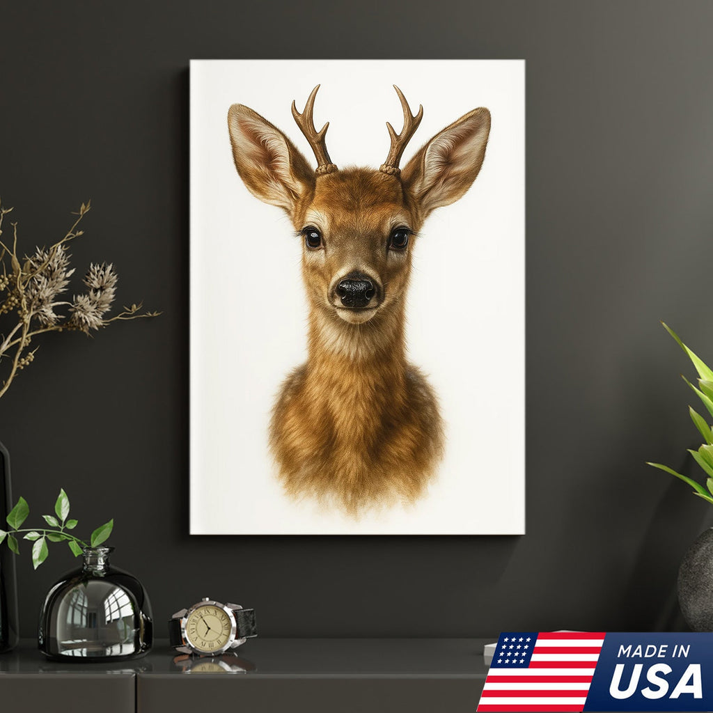 Minimalist Deer Canvas Wall Art, Realistic Baby Buck Portrait, Modern Wildlife Animal Print