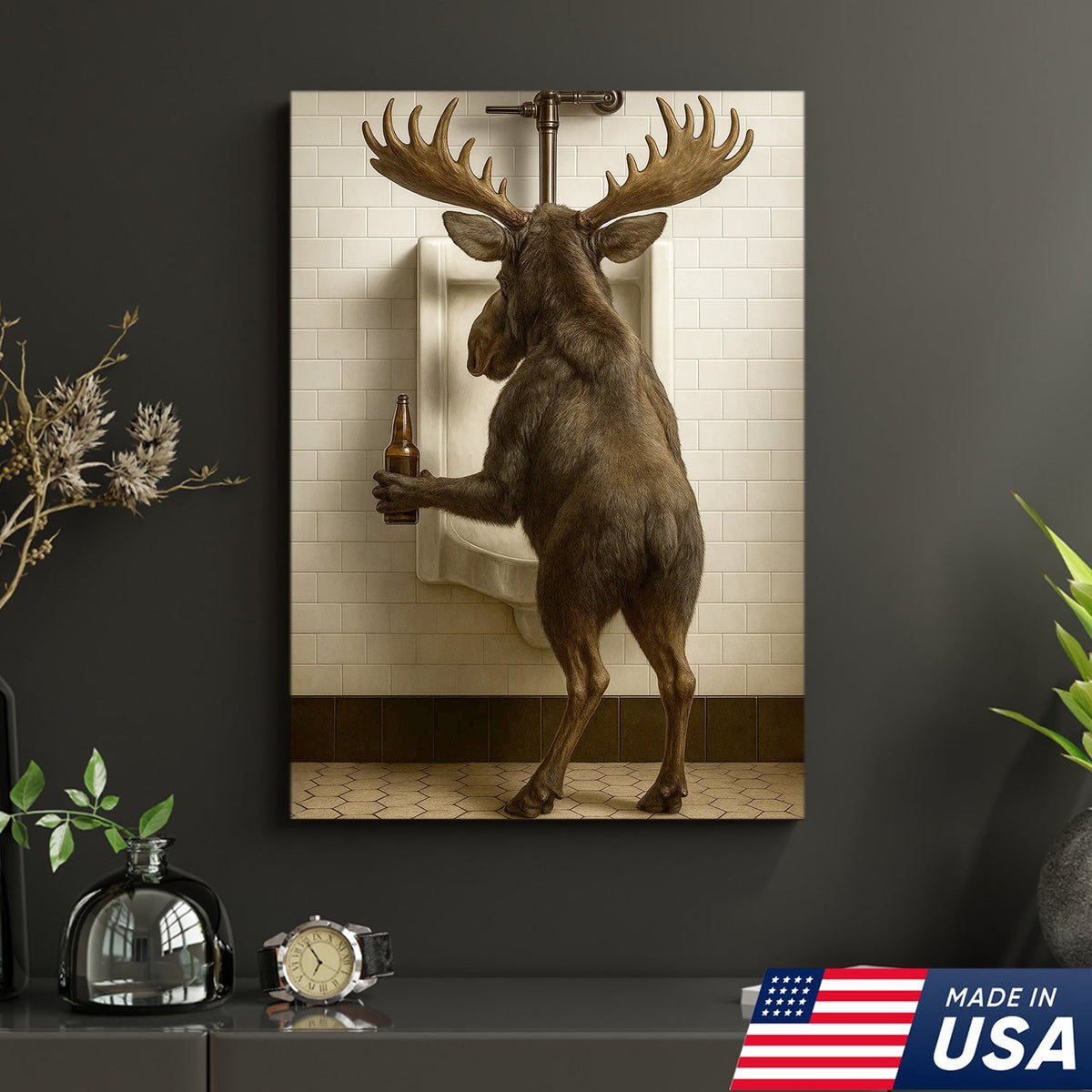 Moose Bathroom Canvas Wall Art - Funny Rustic Lodge Decor for Cabin and Hunting Enthusiasts