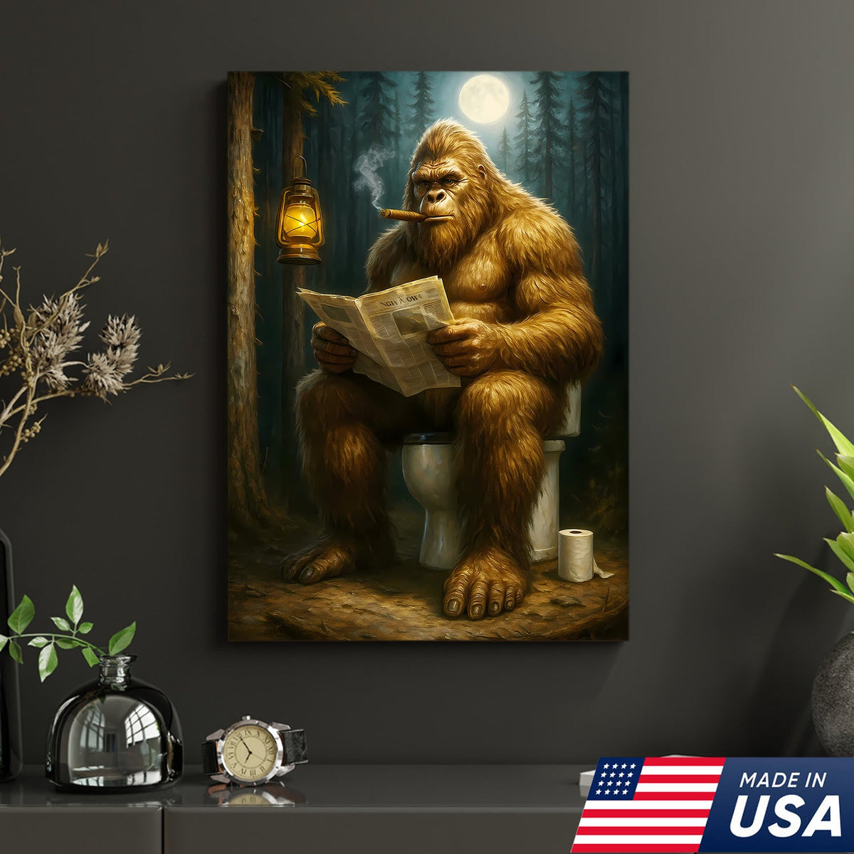 Funny Bigfoot Bathroom Canvas Wall Art, Sasquatch Reading Newspaper Picture