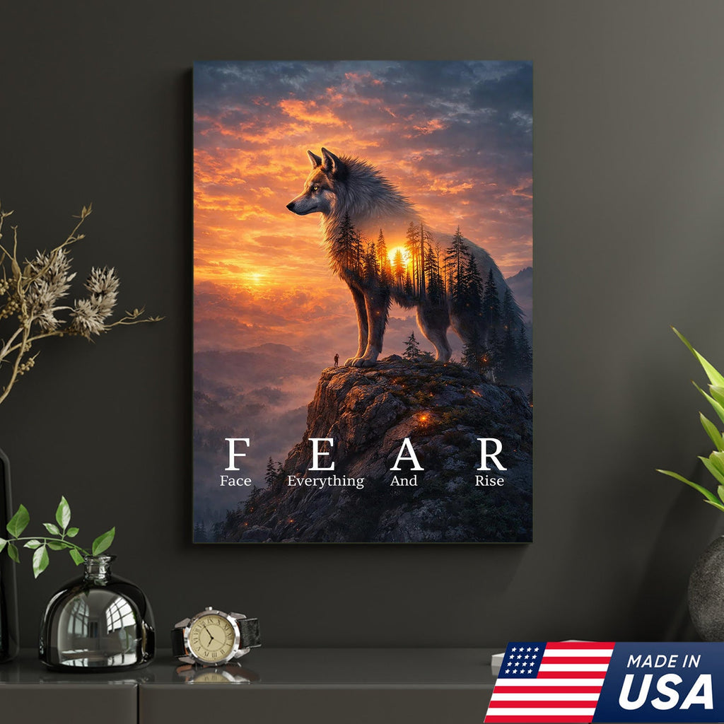 Fear Face Everything And Rise Wolf Canvas Wall Art, Inspirational Sunset Wolf Artwork