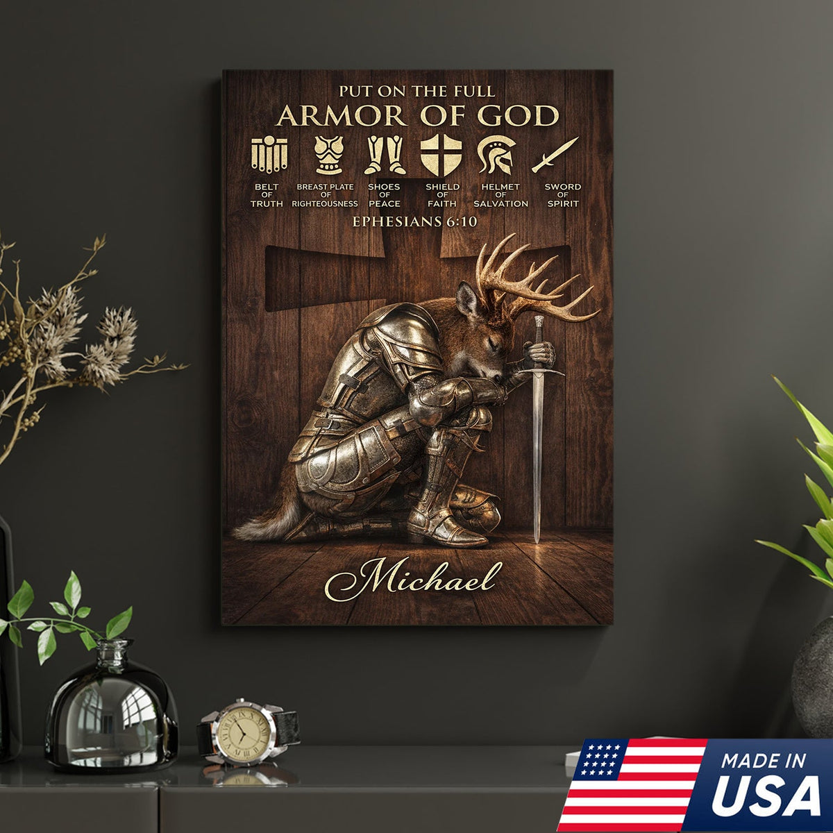 Personalized Armor of God Deer Knight Canvas Wall Art, Christian Ephesians 6:10 Scripture Artwork
