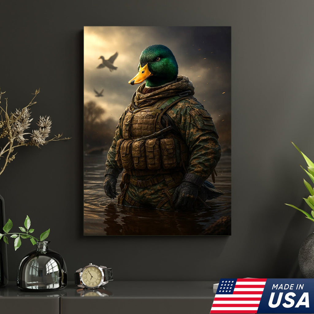 Tactical Duck Canvas Art – Elite Armored Mallard Warrior in Battle Scene