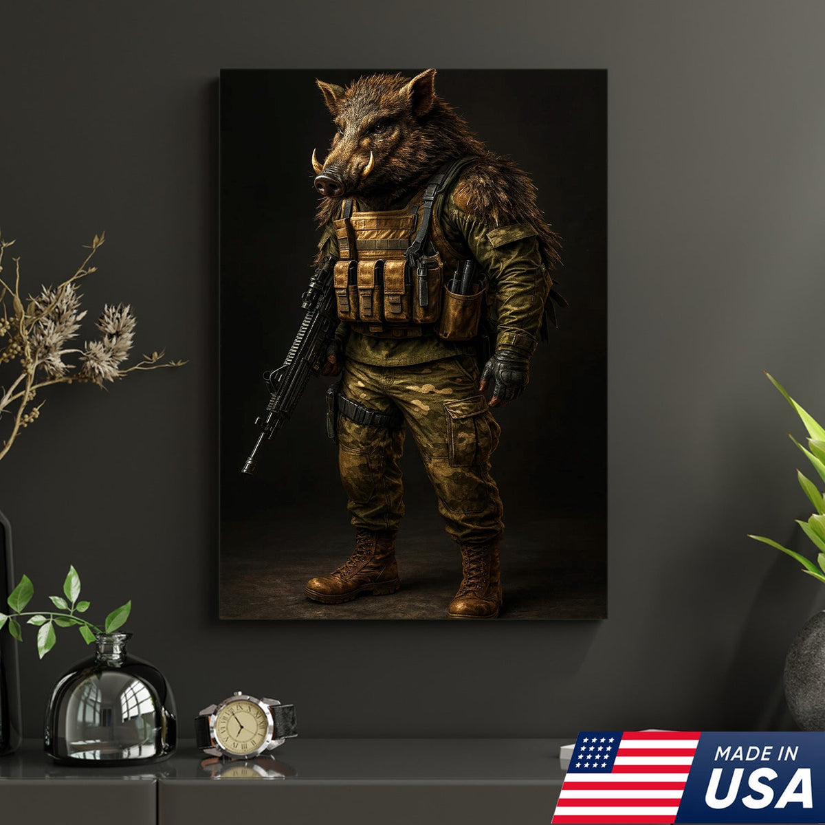 Tactical Boar Canvas Art – Armored Wild Hog Warrior in Combat Gear