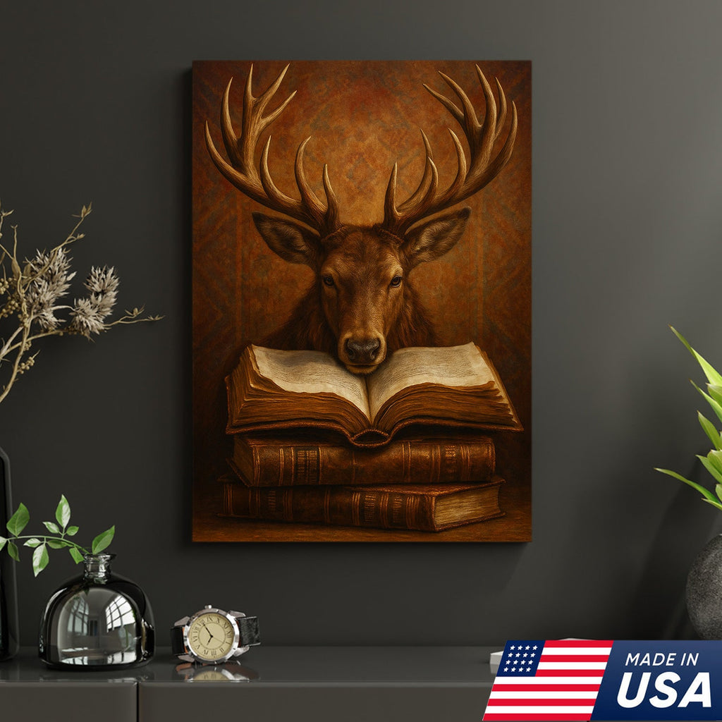 Wise Deer Canvas Wall Art – Rustic Library & Cabin Decor