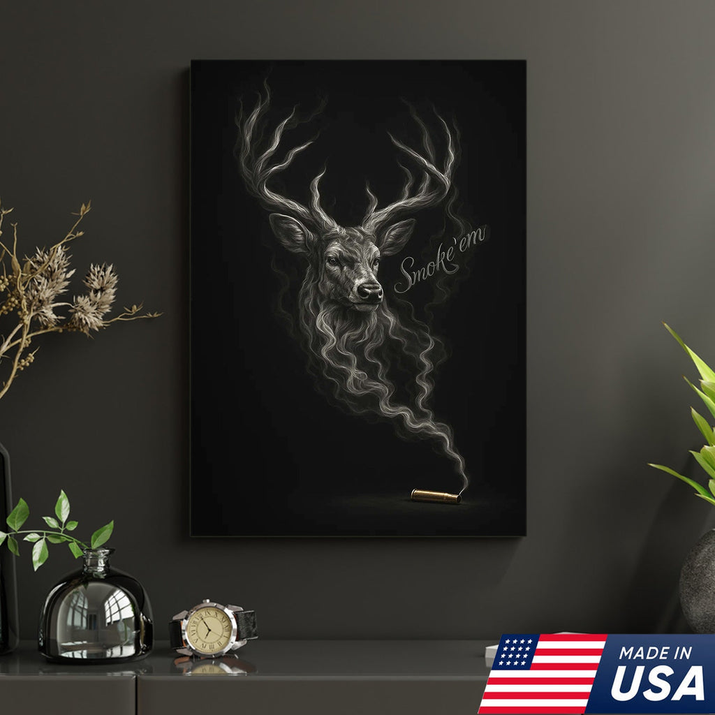 Smoke ’Em Deer Canvas, Rustic Hunter Wall Art, Smoky Buck Skull Design