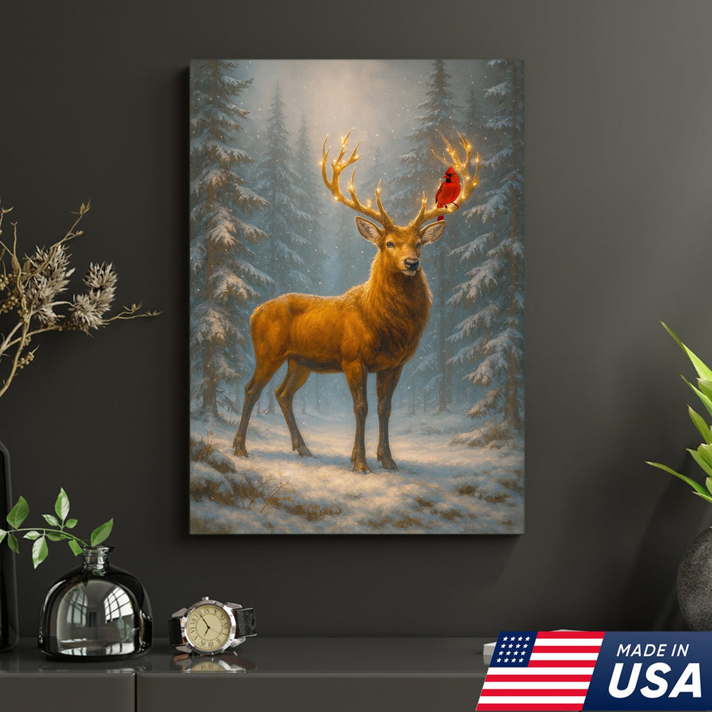 Majestic Deer Christmas Canvas Wall Art – Winter Woodland Decor, Lighted Antlers Canvas