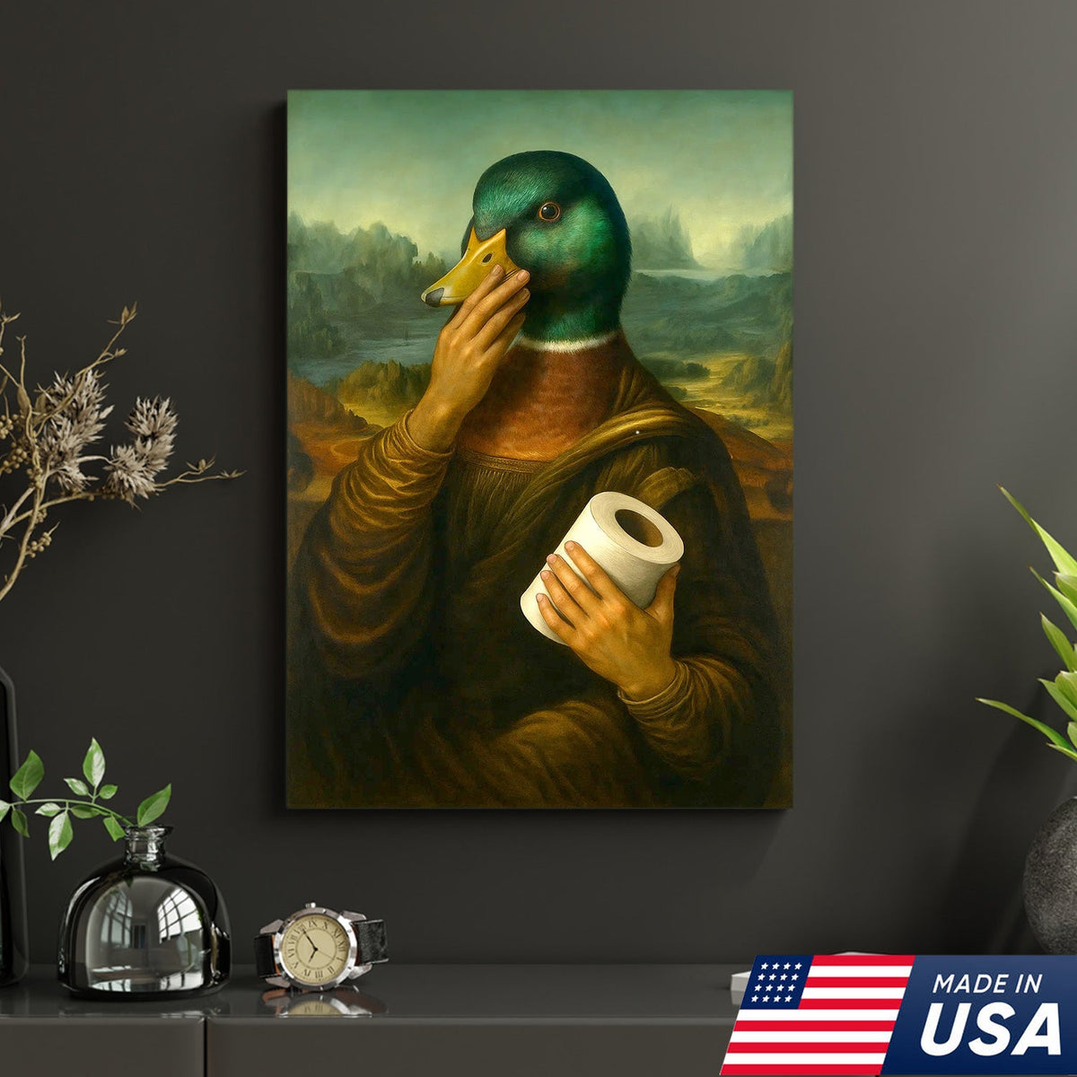 Funny Duck Canvas Wall Art, Parody Bathroom Artwork, Humorous Animal Portrait Decor