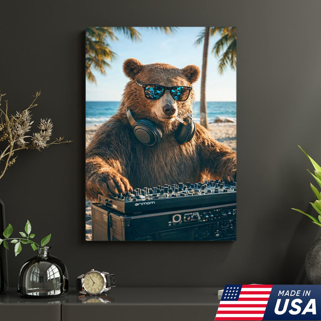Cool DJ Bear Beach Canvas Wall Art – Trendy Animal Music Print