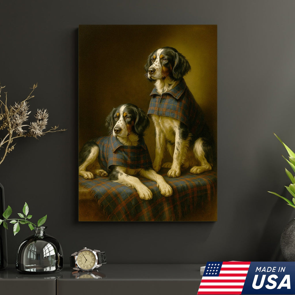 Elegant Dog Portrait Christmas Canvas Wall Art – Classic Plaid Outfit Decor