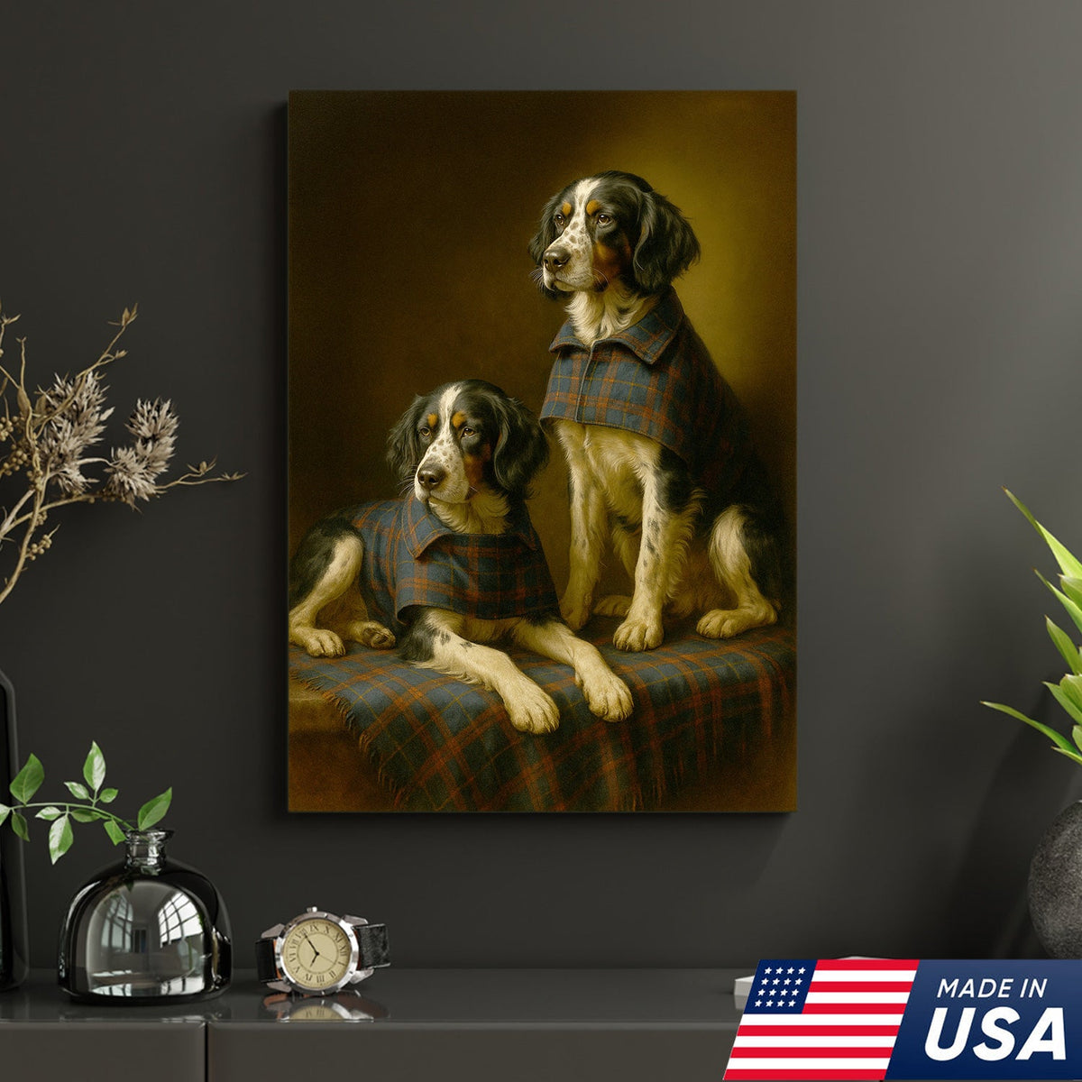 Elegant Dog Portrait Christmas Canvas Wall Art – Classic Plaid Outfit Decor