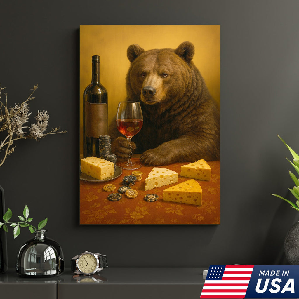 Funny Bear Wine & Cheese Wall Art Canvas - Poker Room Decor, Animal Painting for Home Bar