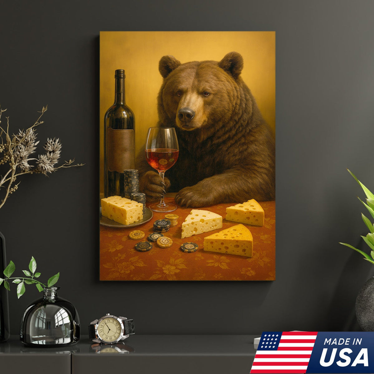 Funny Bear Wine & Cheese Wall Art Canvas - Poker Room Decor, Animal Painting for Home Bar