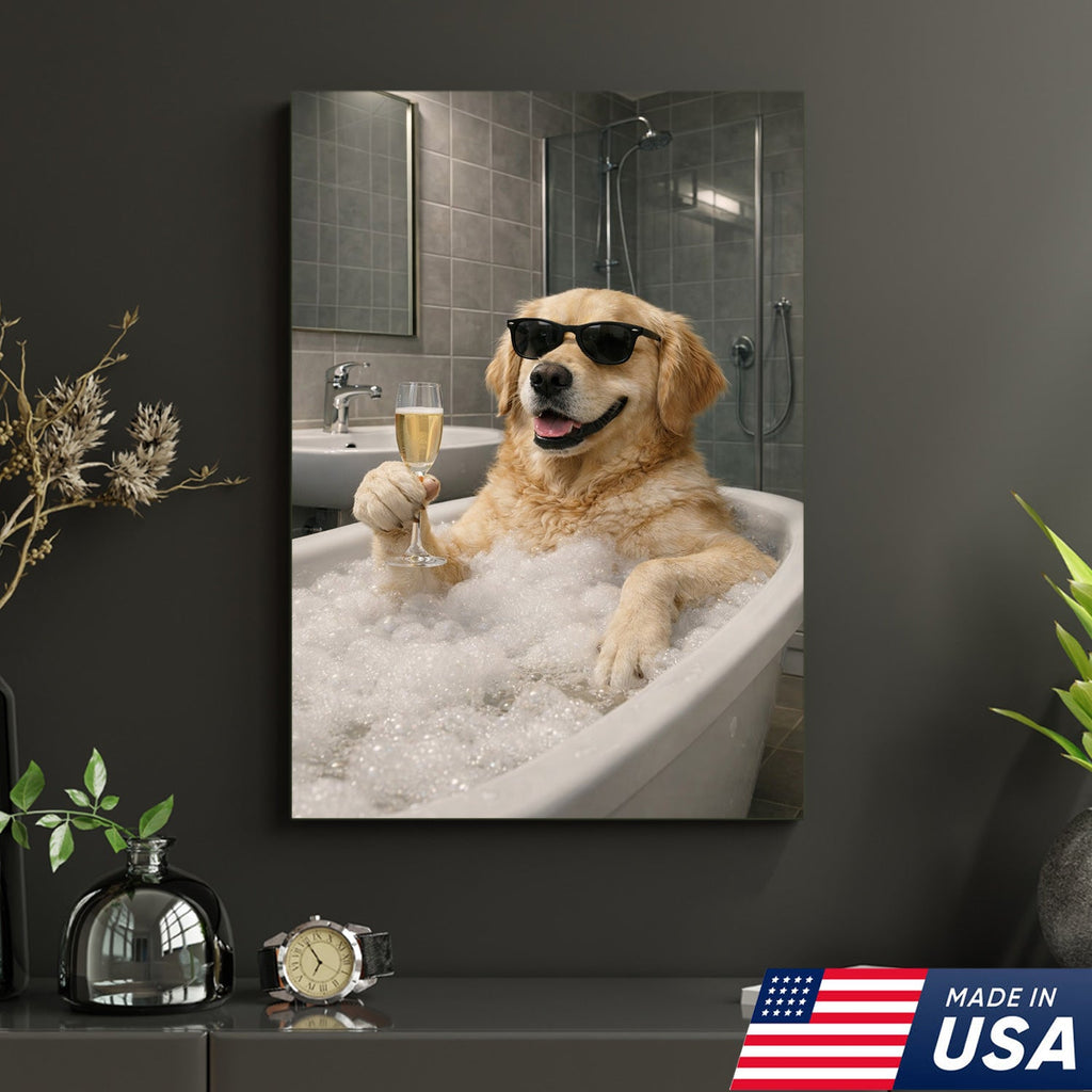 Golden Retriever Bath Canvas Wall Art, Funny Dog Bathroom Decor