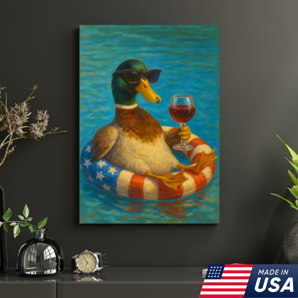 Cool Duck with Wine Canvas – Sunglasses, USA Flag Pool Float, Funny Summer Wall Art