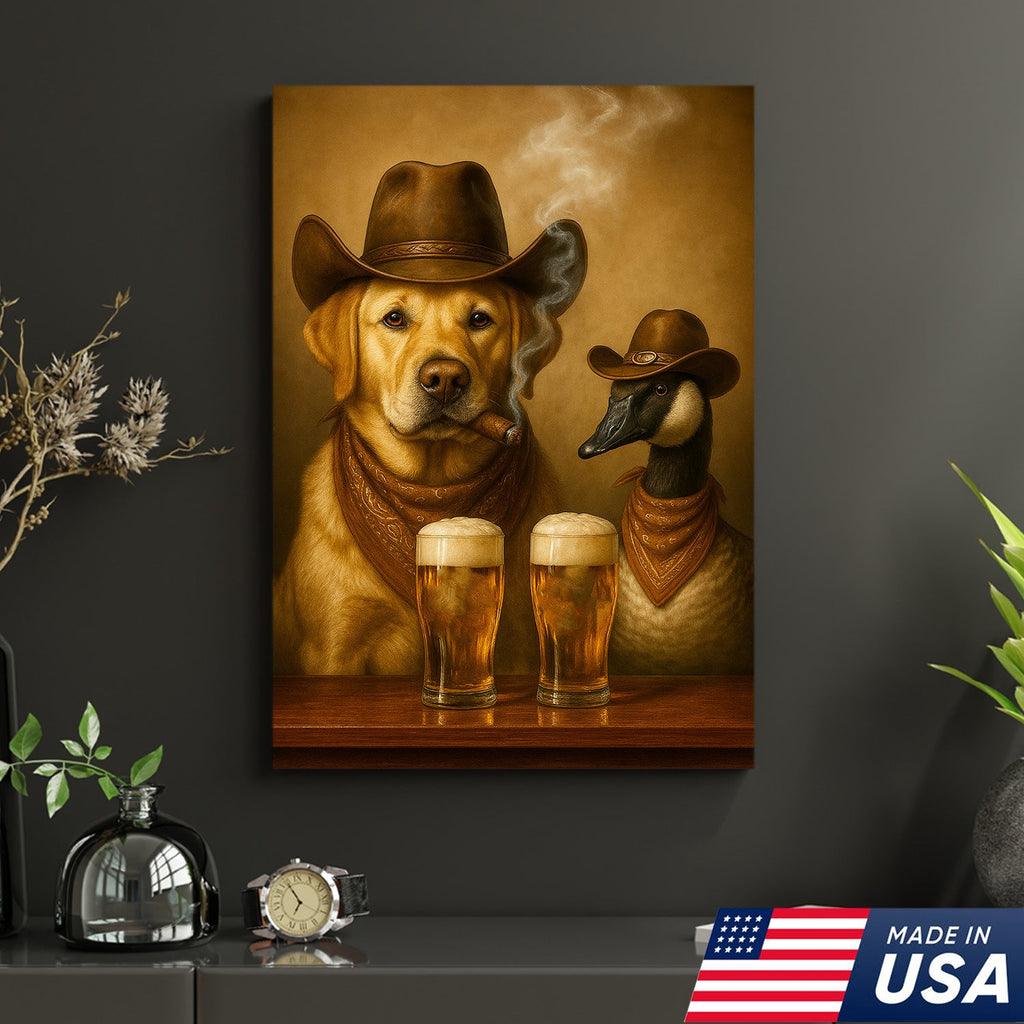 Funny Cowboy Dog & Goose Canvas Wall Art – Funny Beer & Smoking Western Decor for Hunters