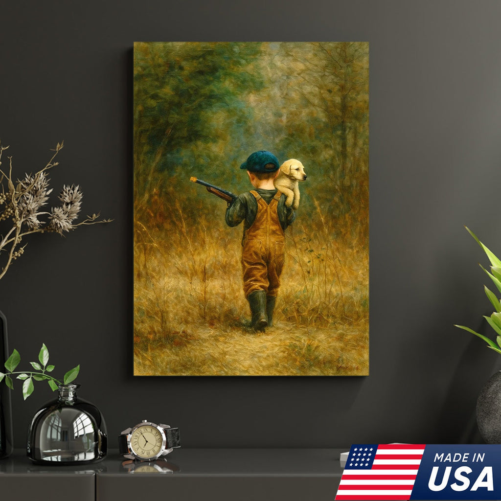 Little Hunter and Puppy Canvas Wall Art, Wholesome Boy with Dog Artwork