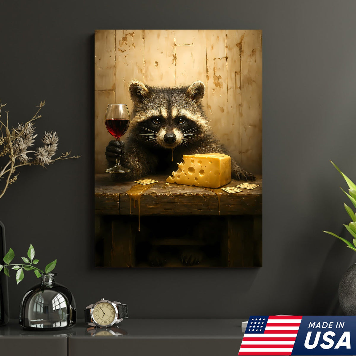 Raccoon with Wine and Cheese Canvas – Funny Bar Wall Art, Gentleman Gift for Men