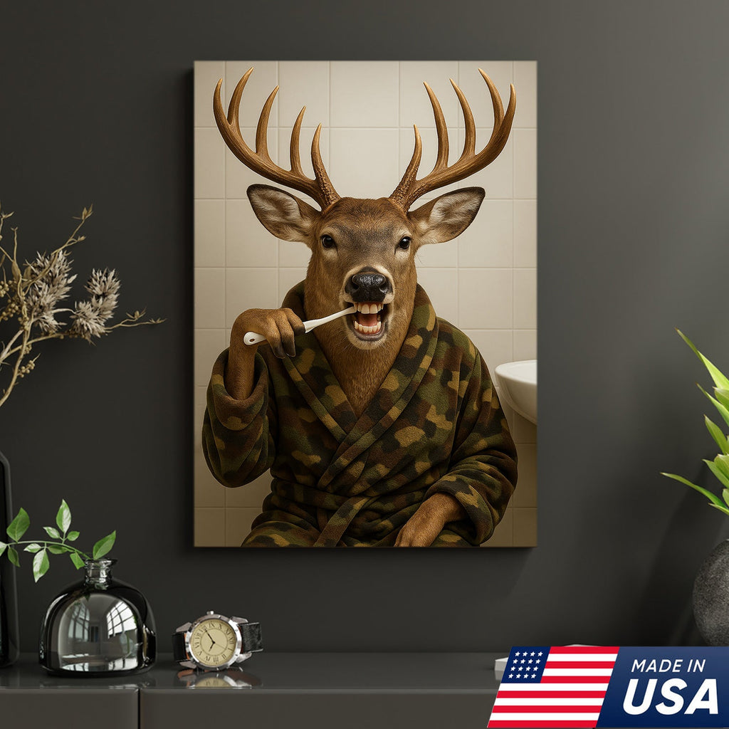 Funny Deer Brushing Teeth Wall Art – Rustic Bathroom Canvas for Cabin, Lodge & Man Cave Decor