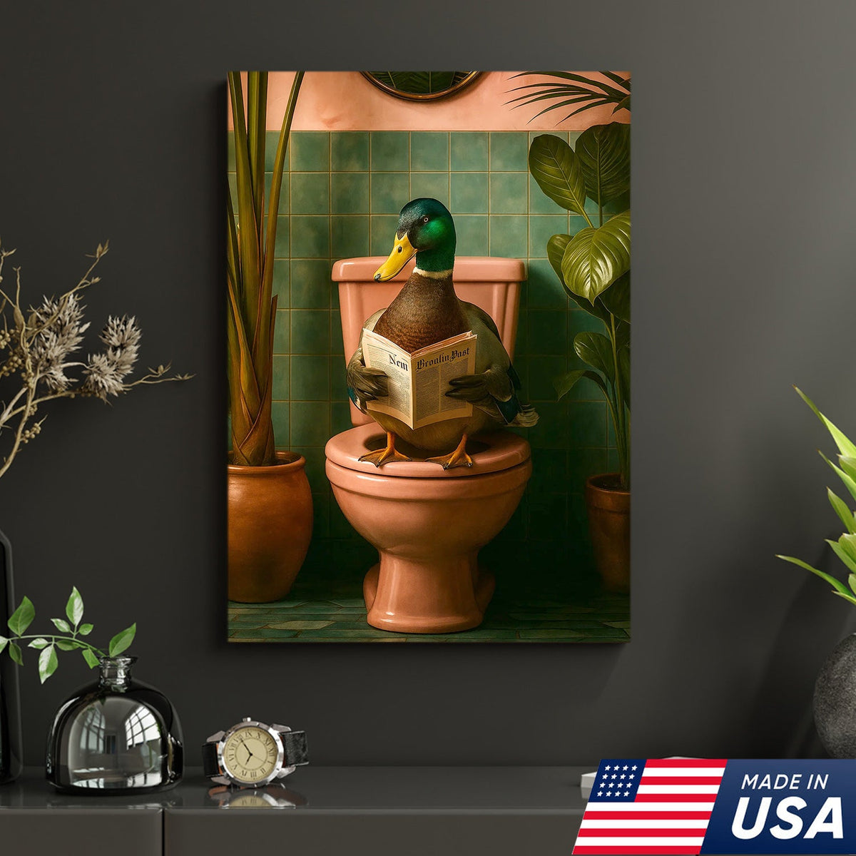 Whimsical Duck Bathroom Canvas Wall Art – Funny Rustic Lodge Decor – Mallard Reading Humor Print
