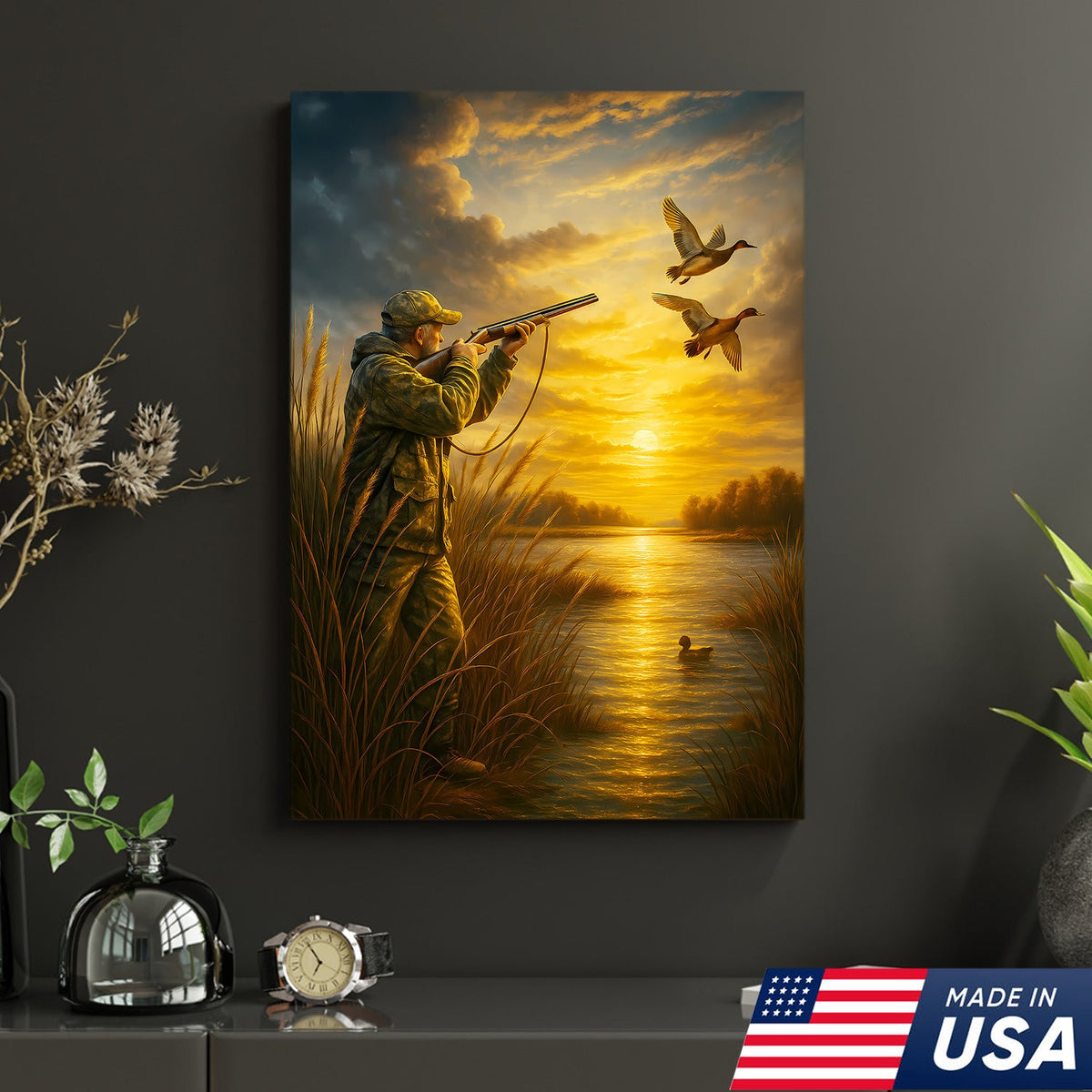 Duck Hunting Wall Art – Sunset Waterfowl Canvas for Hunters, Man Cave & Cabin Decor