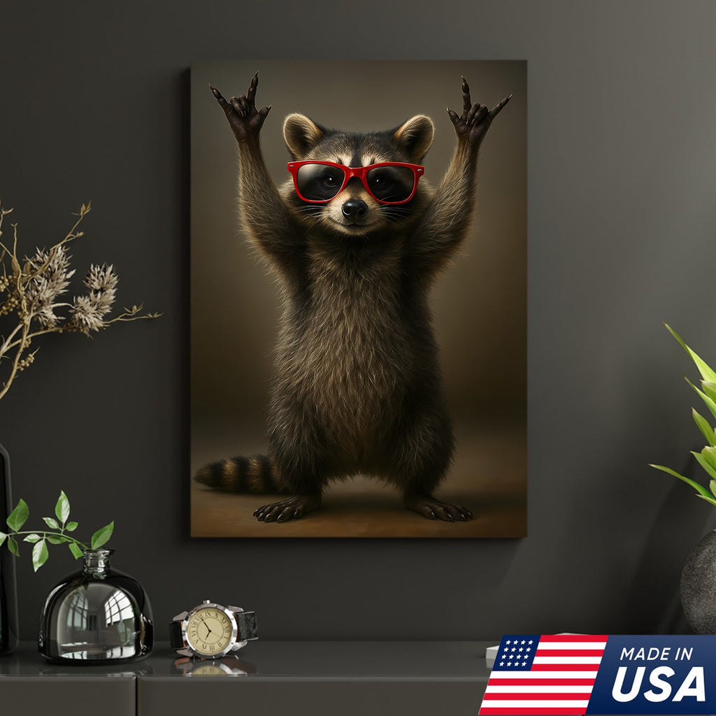 Cool Raccoon Wear Glasses Canvas Wall Art – Funny Gift for Hunters, Men & Cabin Decor