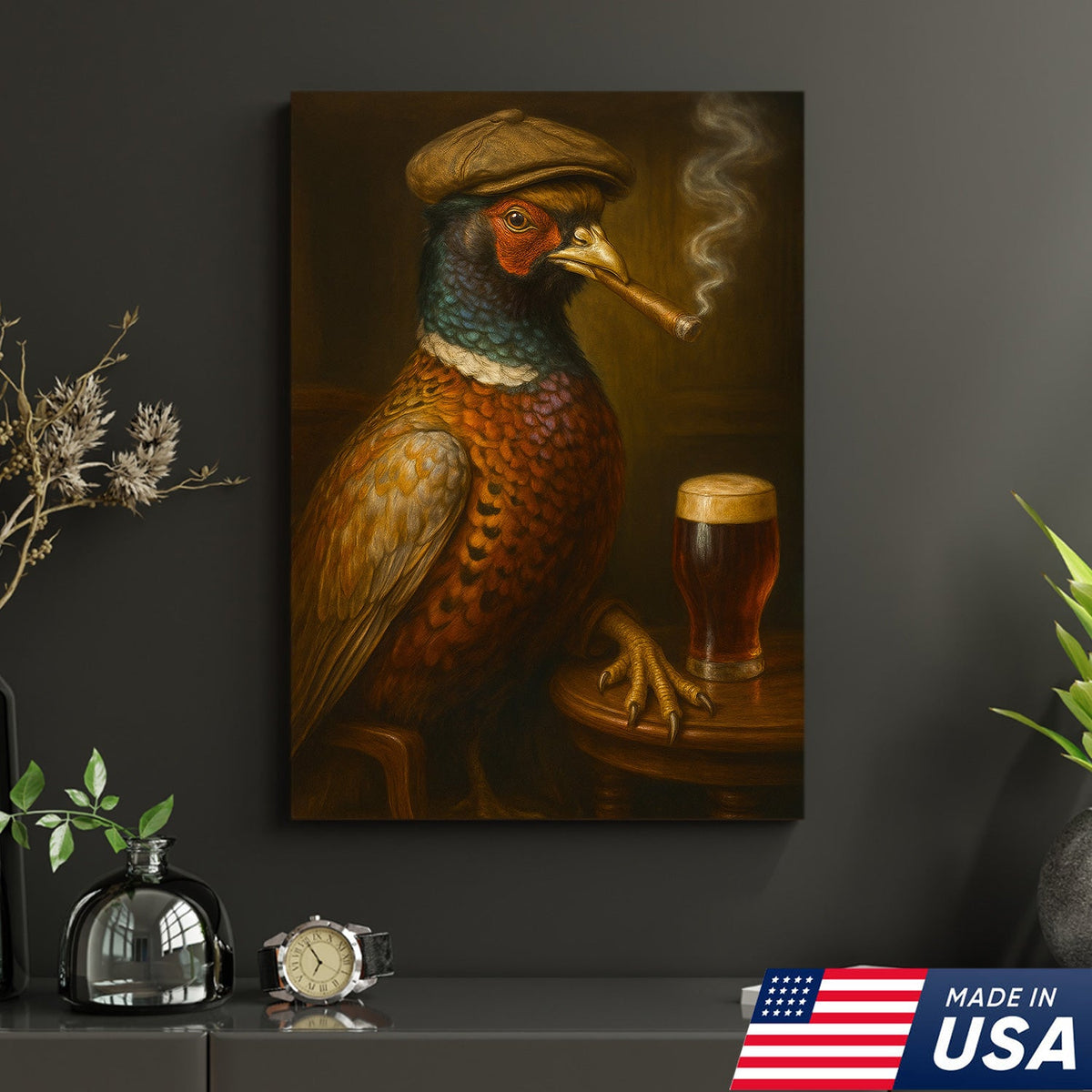 Pheasant Beer & Smoking Canvas – Funny Rustic Wall Art for Hunters, Bar & Man Cave Decor