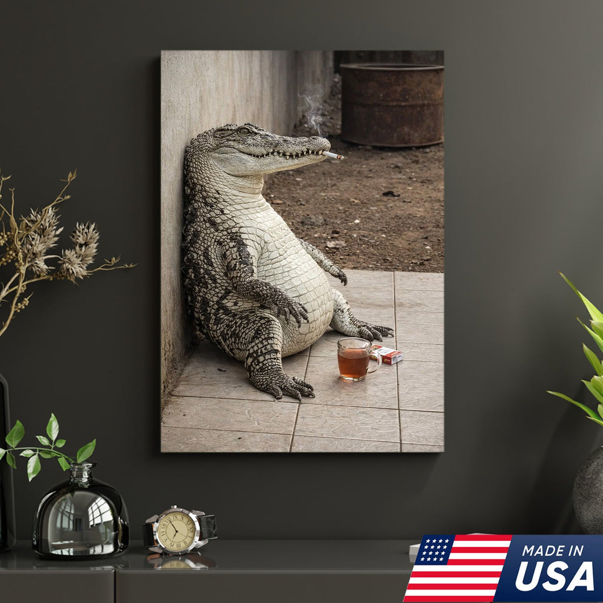 Funny Crocodile Smoking & Drinking Coffee Canvas Wall Art, Dark Humor Animal Illustration