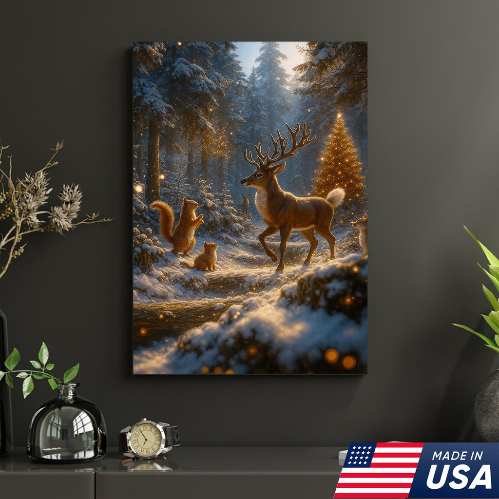 Christmas Deer Forest Wall Art Canvas – Magical Winter Woodland Print