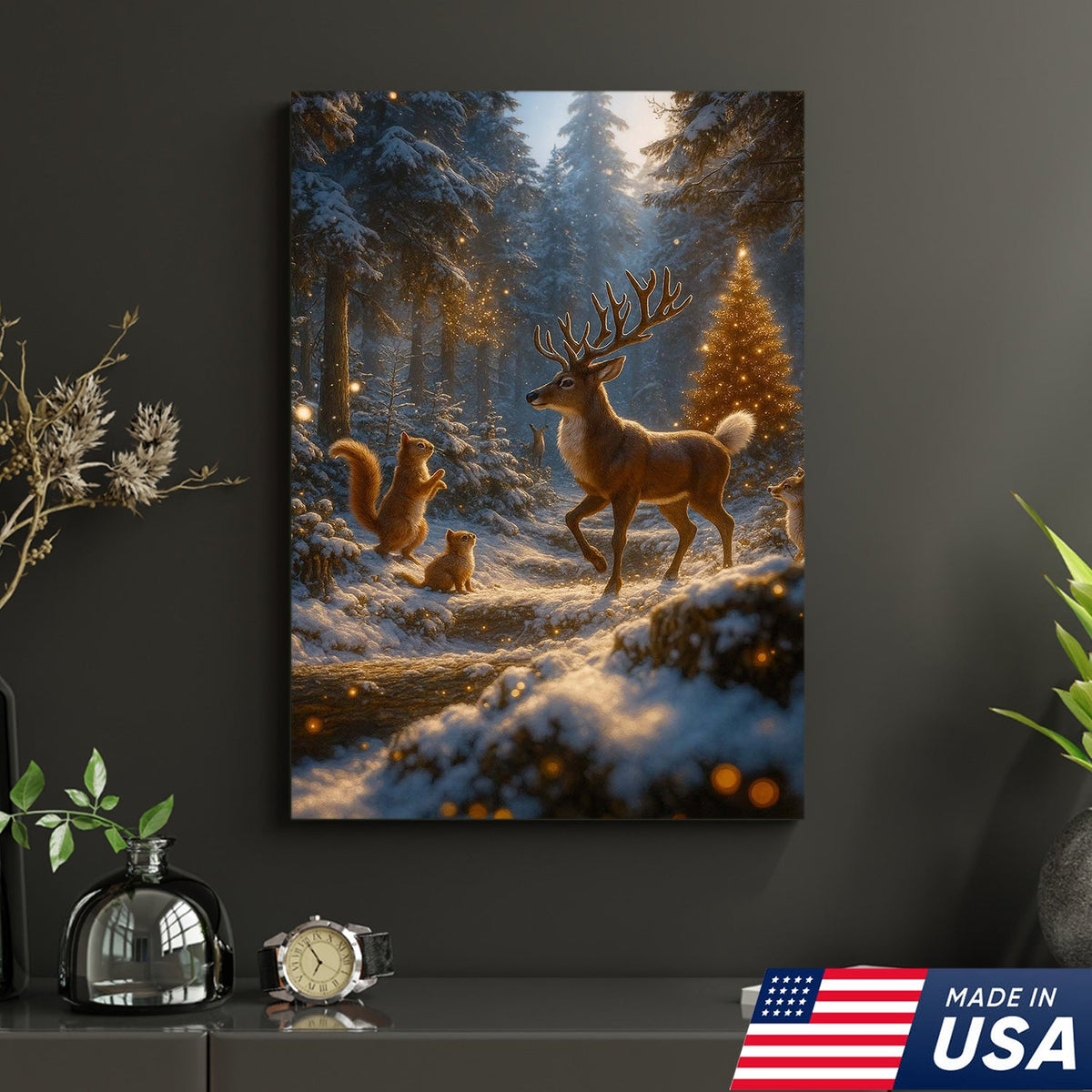 Christmas Deer Forest Wall Art Canvas – Magical Winter Woodland Print