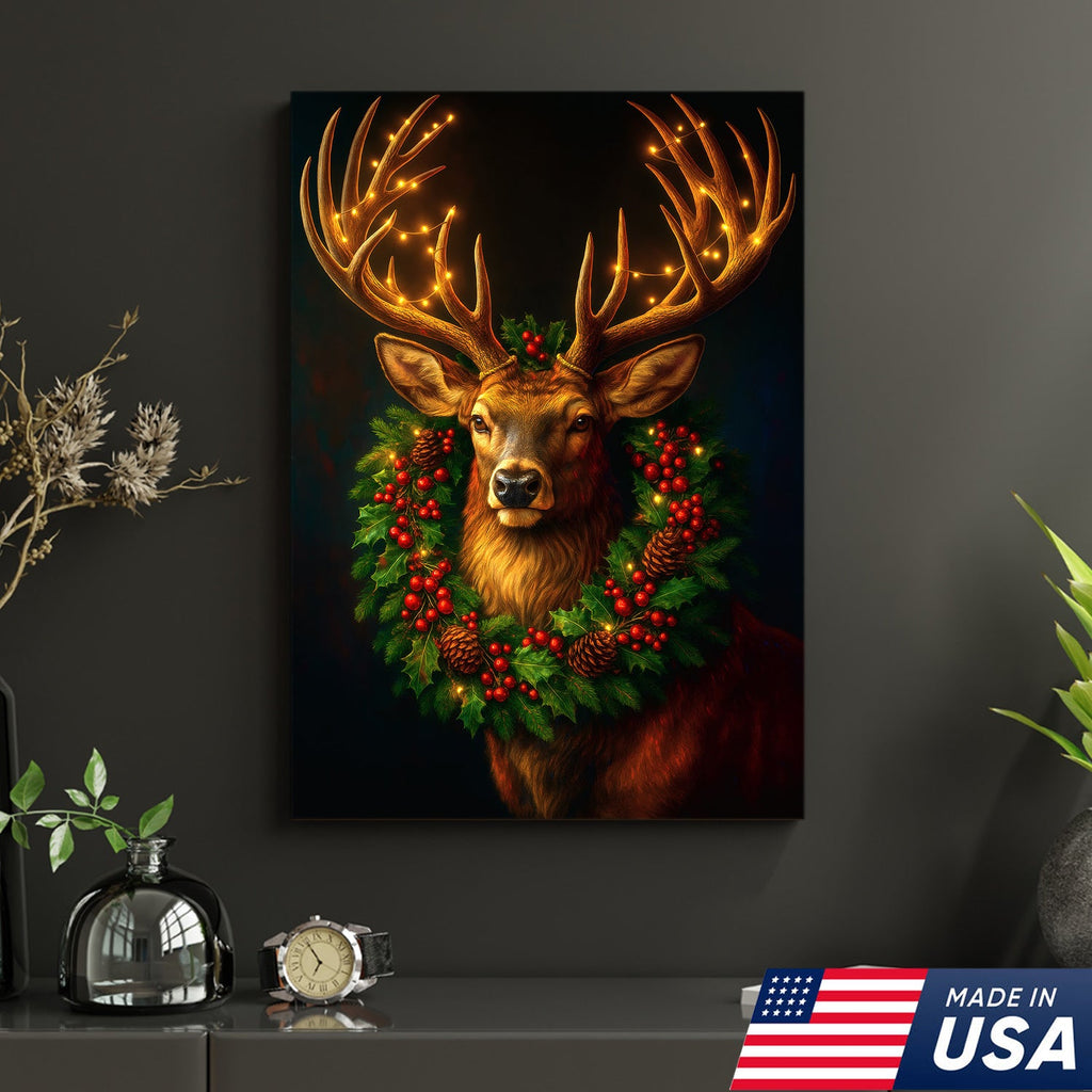 Christmas Deer Canvas Wall Art - Rustic Holiday Decor for Hunters, Cabin & Lodge Christmas Gift
