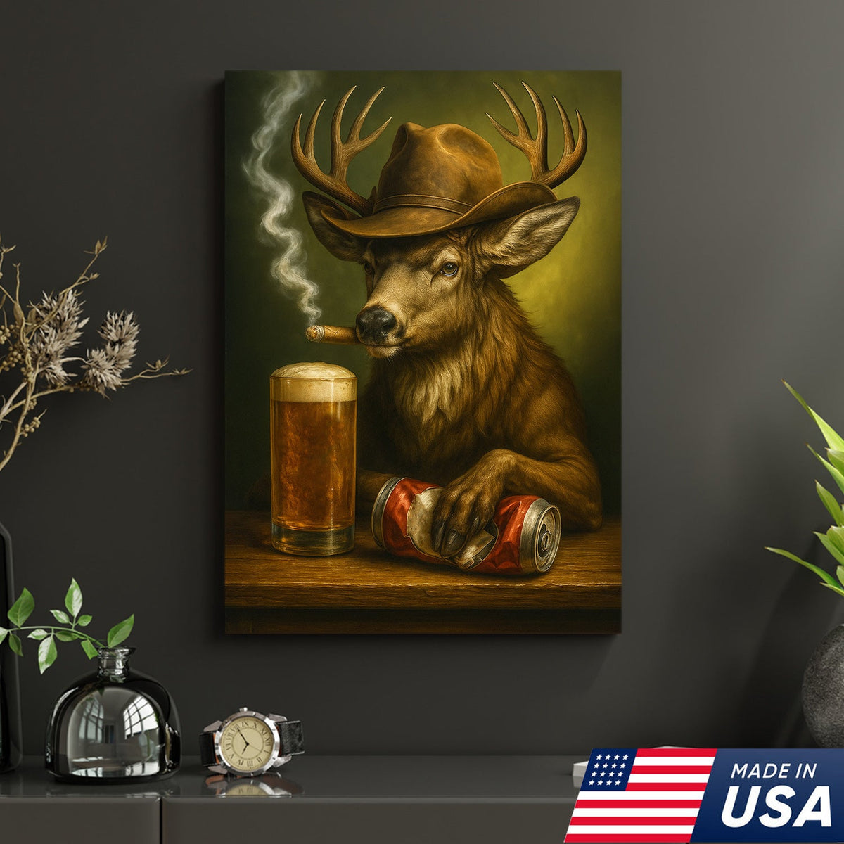 Funny Cowboy Buck Beer Canvas – Rustic Funny Wall Art Gift for Hunters, Bar Cabin & Man Cave Decor