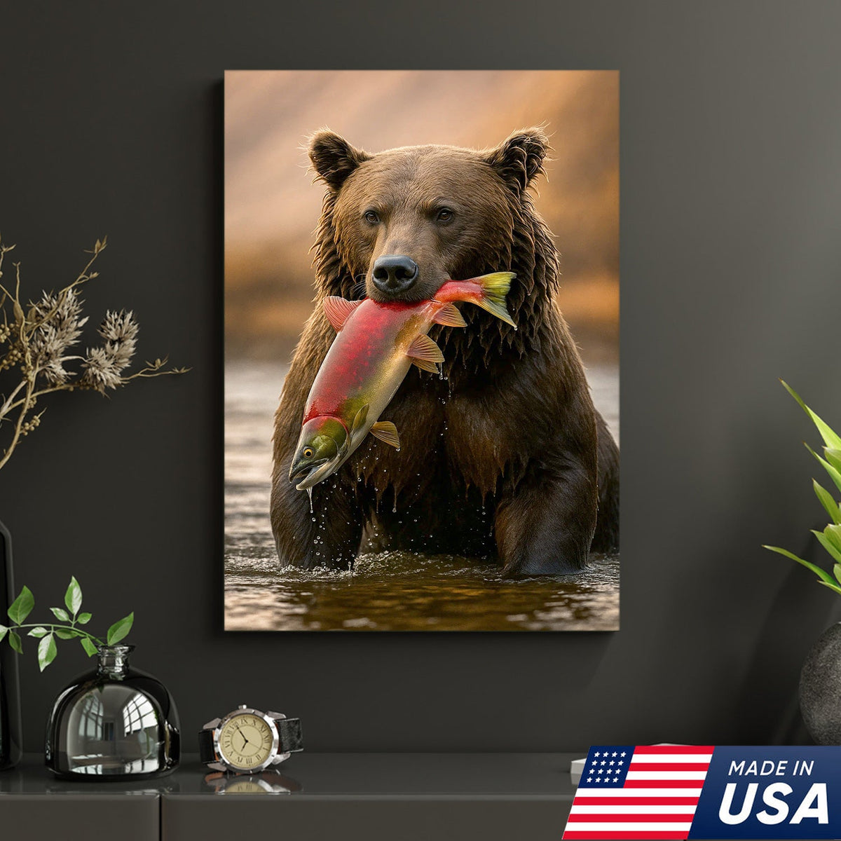 Bear Catching Salmon Canvas Wall Art, Wildlife River Cabin Decor, Nature Lover Gift