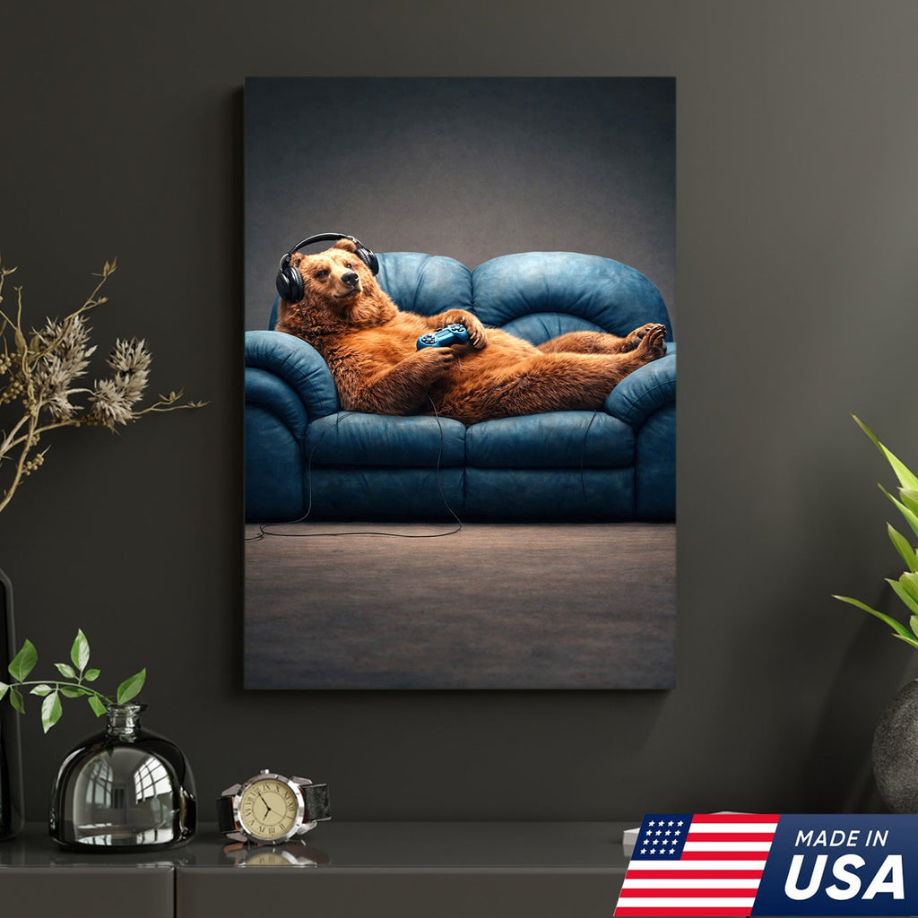 Funny Gamer Bear Wall Art Canvas Print, Relaxing Animal Gaming Illustration