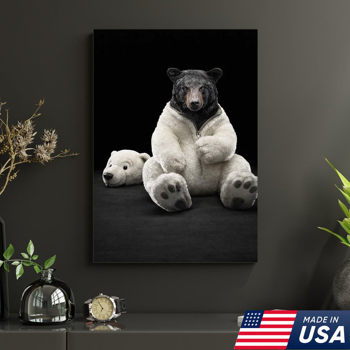 Cute Bear in Plush Suit Canvas Wall Art, Playful Bear Illustration with Soft Toy Head