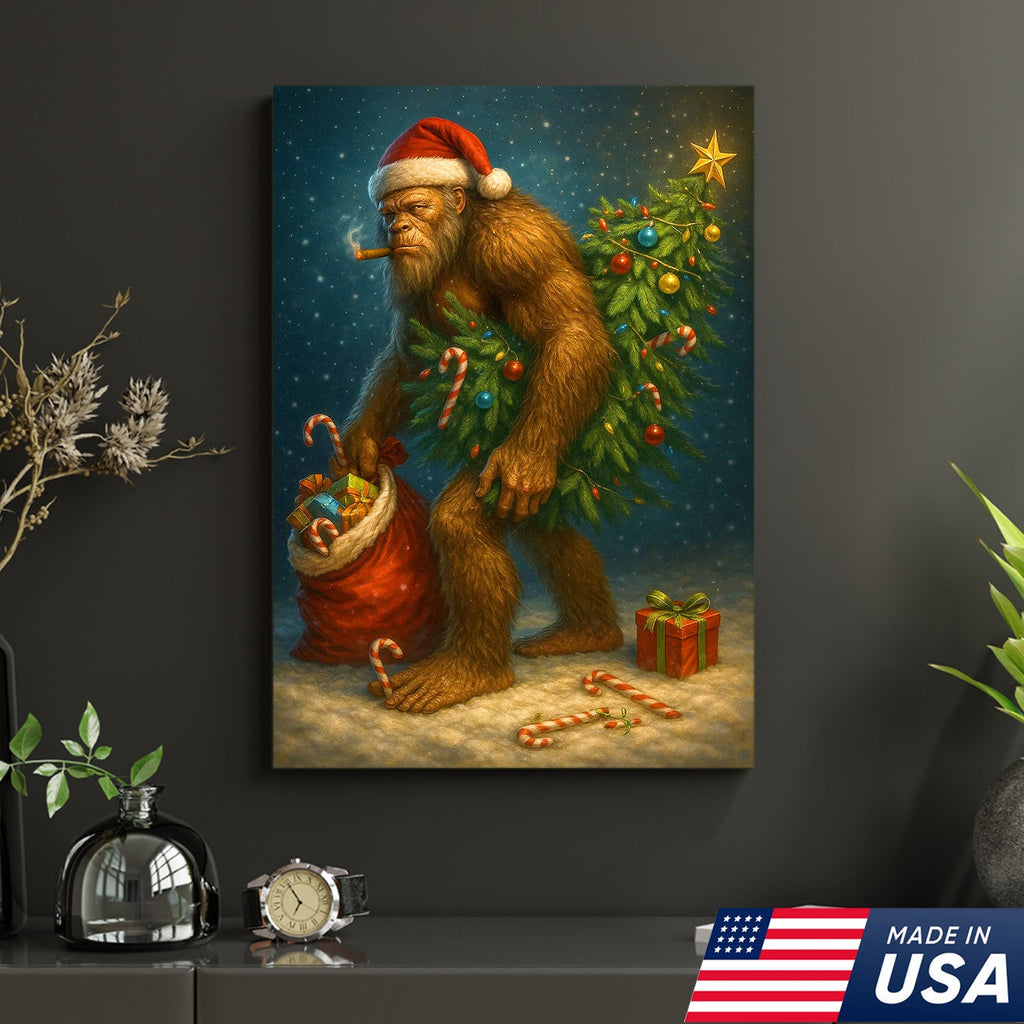 Funny Bigfoot Christmas Canvas Art, Sasquatch Holiday Wall Decor with Candy Canes