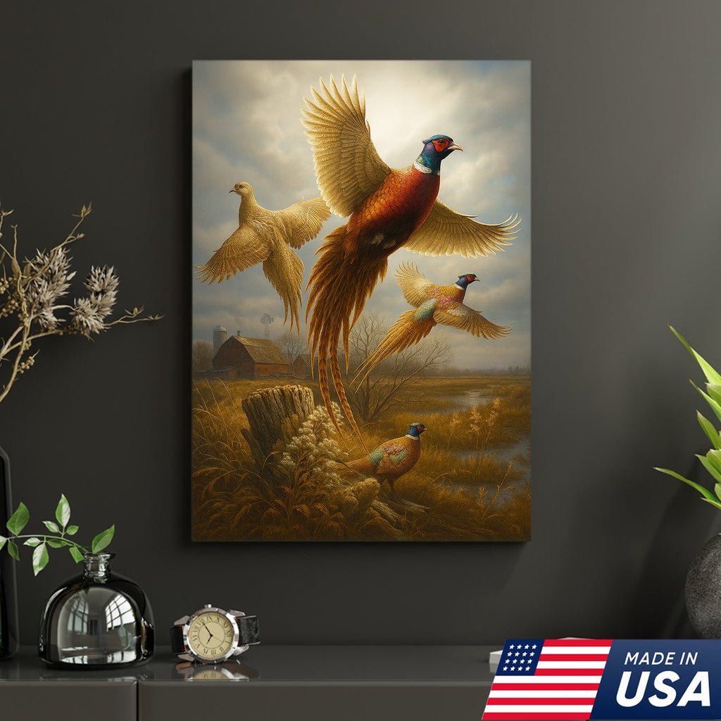 Pheasant in Flight Canvas – Rustic Countryside Wall Art for Lodge & Hunting Decor